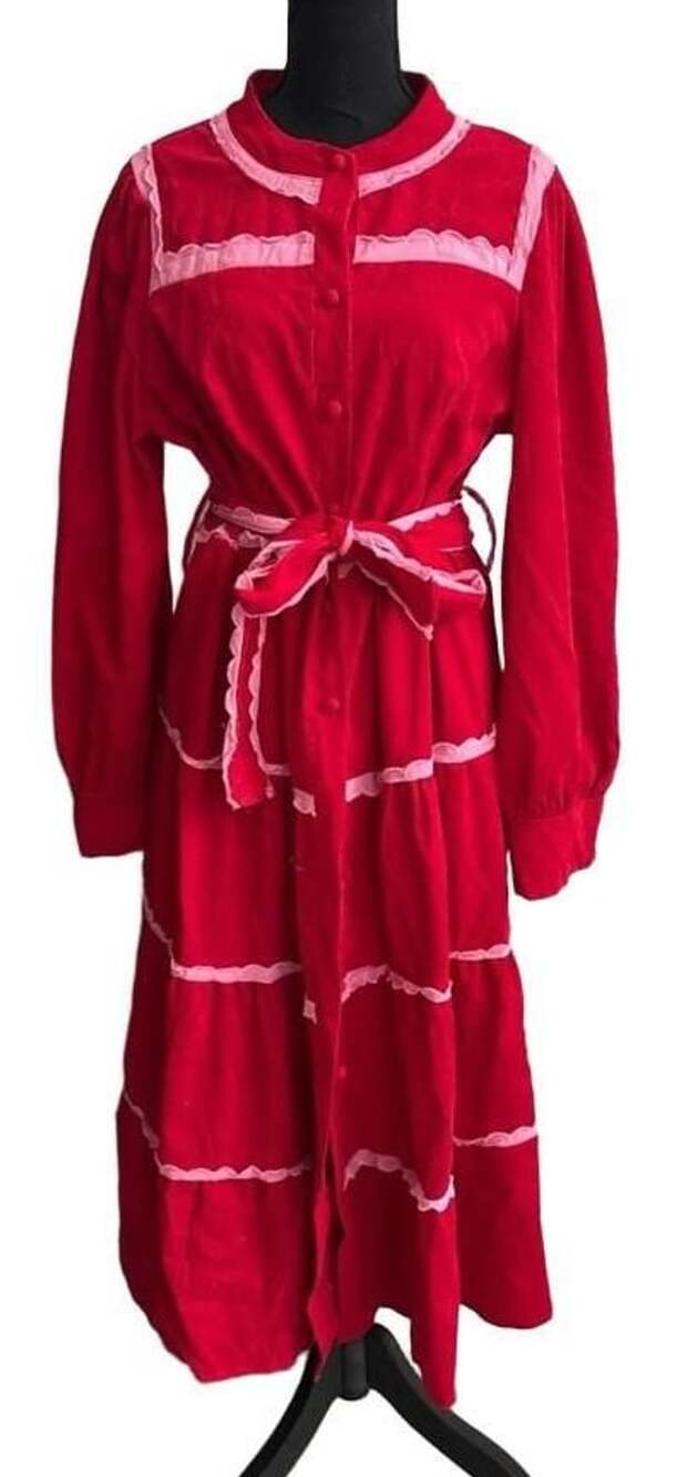 The Blue Door Boutique Red Corduroy Scallop Trim Maxi Dress